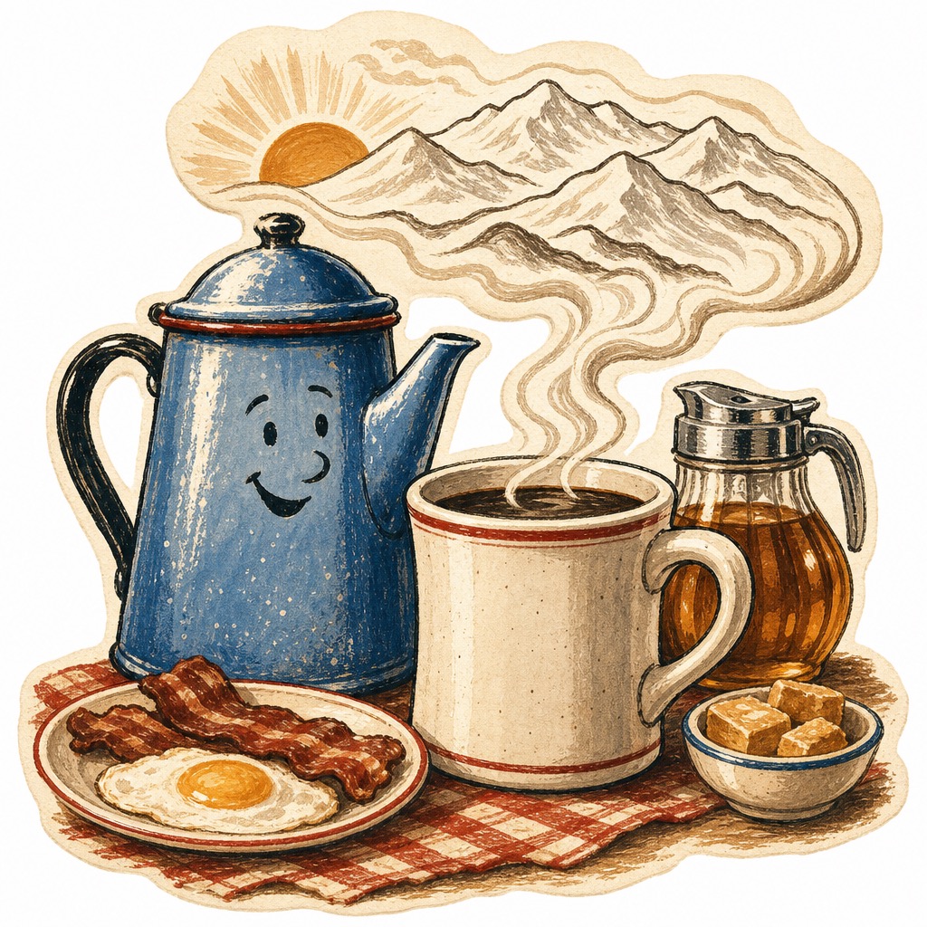 Original smiling coffee pot illustration with mountain steam